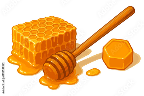 Golden honeycomb block with a wooden honey dipper and sweet dripping liquid