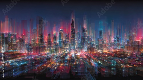 Abstract city skyline at night with blurred lights creating a dynamic effect