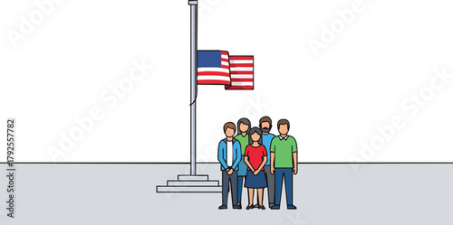 Diverse group of people standing together in a memorial tribute with the American flag at half-mast behind them on a gray background.