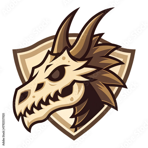 Fossil Dragon Skull Esport Mascot Logo Vector – Prehistoric Mythic Emblem with Solid Beige and Dark Brown Flat Design, Modern Gaming Badge

