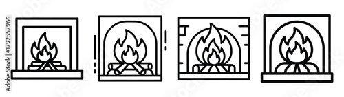fireplace fire line art icon set. Christmas outline Vector illustration icons.