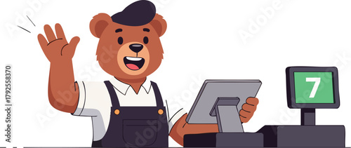 Friendly bearista wearing a uniform waves at a cash register with a digital screen displaying the number 7, against a clean white background with a cheerful mood.