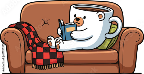 A cheerful bearista cup bear sitting on a brown couch, wrapped in a red and black plaid blanket, holding a book and sipping coffee, with a cozy atmosphere and warm tones.