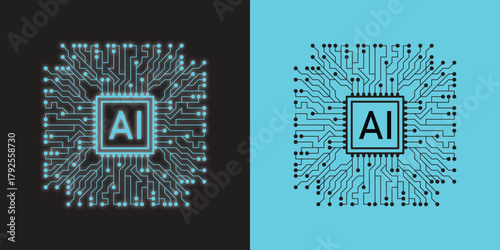 Futuristic AI Microchip with Circuit Lines on Split Background