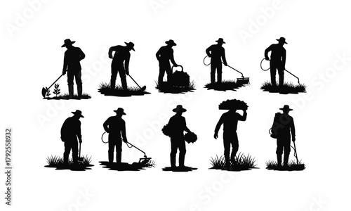Collection of agriculture worker silhouettes in various poses isolated on white background