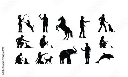 Collection of animal trainer silhouettes in various poses and actions isolated on white background