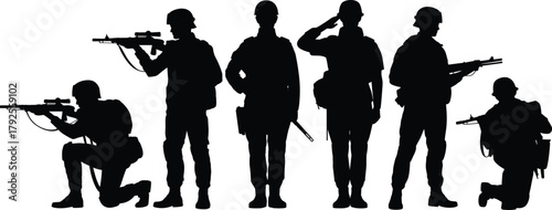 Soldier silhouette vector, military poses with rifles, kneeling and standing stances, army salute illustration, combat gear outline, tactical posture art
