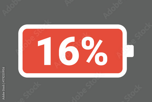 Red Low Battery Icon Showing 16% Charge – Warning Power Level Stock Image