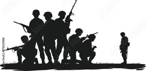 Soldiers silhouette vector, military team illustration, rifle squad in action, war remembrance art, army comrades on battlefield, solemn tribute scene