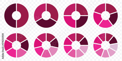 Set of colorful pie charts. Circle section graph. Pie chart set. Pie charts diagrams. Circular diagrams represent data visualization and analysis. eps 10