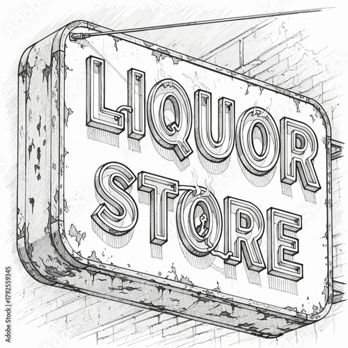Stylized Drawing of a Weathered Liquor Store Sign on a Brick Building