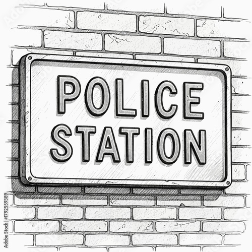 Stylized police station sign illustration on textured brick wall graphic