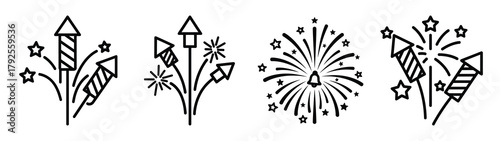 christmas fireworks line art icon set. Christmas outline Vector illustration icons.