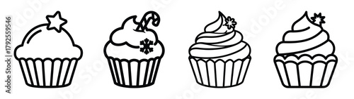 christmas cupcake line art icon set. Christmas outline Vector illustration icons.