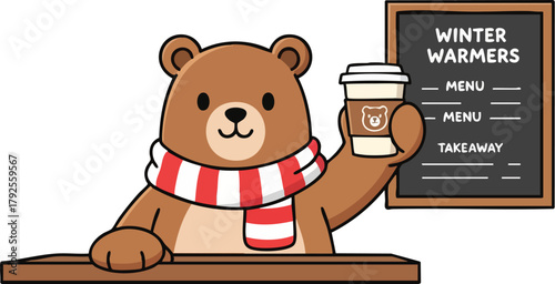 A brown bear in a red and white scarf holds a coffee cup and stands beside a menu board labeled 'Winter Warmers' in a cafe setting with a warm and cozy mood.
