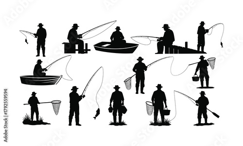 A diverse collection of fisherman silhouettes in various poses isolated on white background
