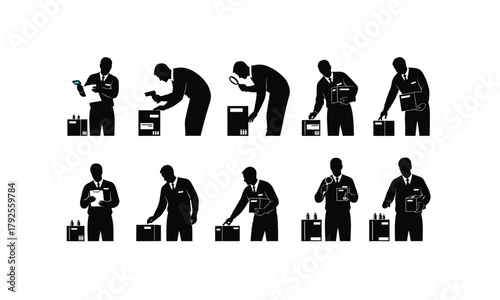 Silhouette of an inspector scanning vaccine boxes with a barcode reader isolated on white background