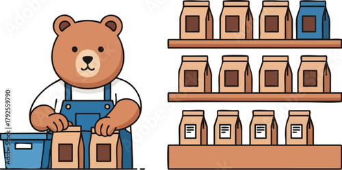A cheerful brown bear in blue overalls stands behind a counter with a Starbucks bearista cup and coffee bags on shelves in the background, in a colorful and playful scene with a clean white