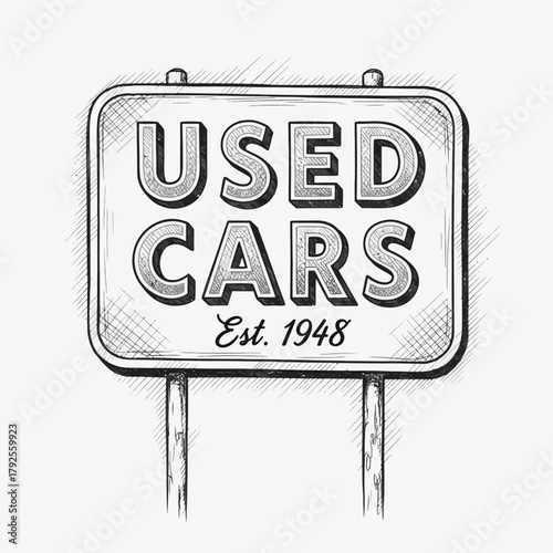 Vintage Used Cars Sign with Established Year Sketch Style Illustration