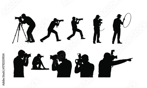 Silhouette of a photographer capturing a moment isolated on white background