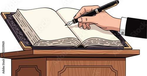 A hand in a suit sleeve writing in an open book on a wooden desk as a tribute with flags at half-mast in the background for a memorial