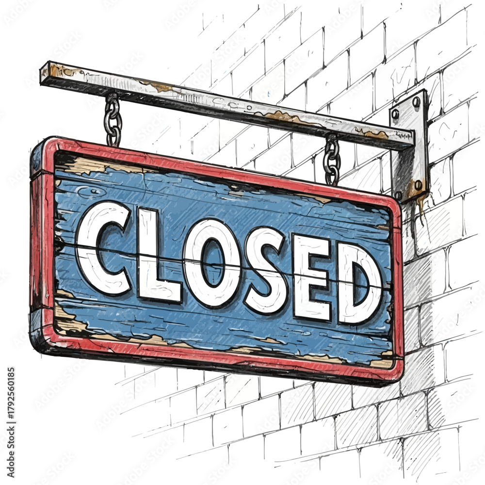 Obraz premium Whimsical illustration of a weathered closed sign hanging on a brick wall