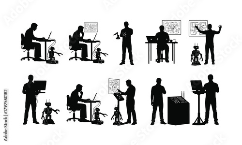 Collection of robotics engineer programming icons and symbols in a silhouette style isolated on white background