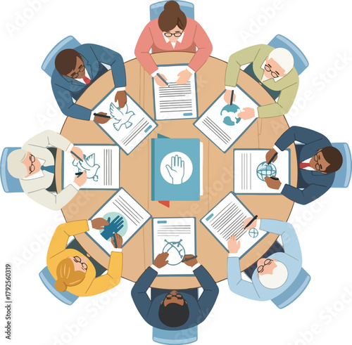 Illustration of diverse people sitting around a table with documents and a human rights day poster in a circular composition with a clean white background.