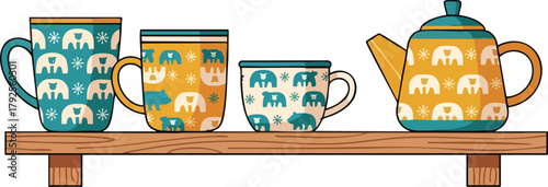 Illustration of a wooden shelf holding a set of colorful ceramic tea cups and a teapot with bear designs in shades of blue, orange, and white on a plain background.