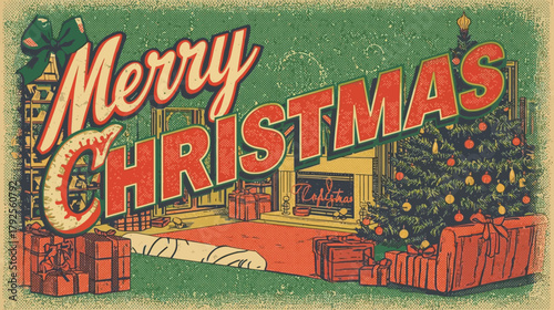 Retro-style Christmas illustration with a distressed, grunge texture. Features a classic living room scene with a decorated Christmas tree, glowing fireplace, piles of presents, and bold,