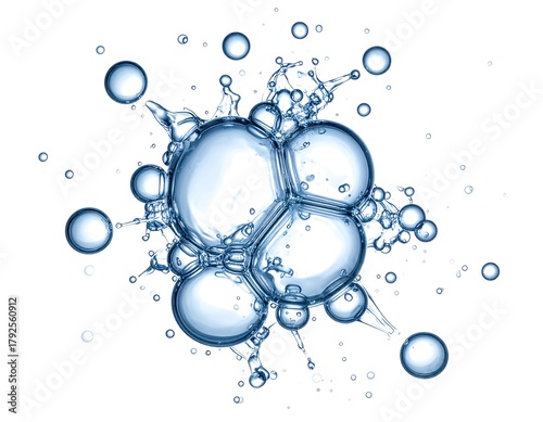 Dynamic cluster of transparent water bubbles and splashes.