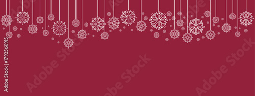 Festive holiday border/banner with white hanging snowflakes of varying sizes suspended by thin lines against a deep red background. Simple, elegant design suitable for Christmas, New Year