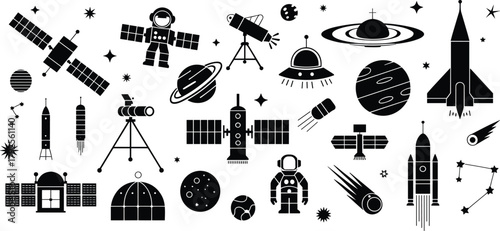 Space exploration elements vector, astronaut rocket telescope satellite UFO planet illustration, astronomy science education design, galaxy travel technology concept, outer space graphic art