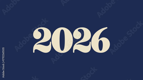 stylized cream colored 2026 typography on dark blue background in vintage decorative font, representing new year, future and celebration