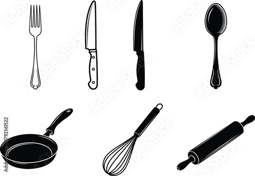 Black and white kitchen utensil vector illustration featuring fork, knife, spoon, whisk, frying pan, and rolling pin silhouette design
