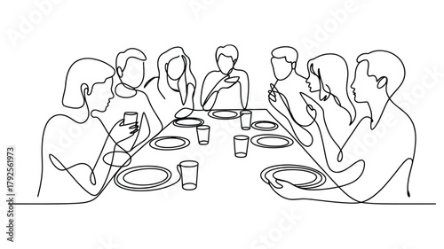 continuous line drawing of people dining together while using smartphones, representing digital dependence and modern social behavior