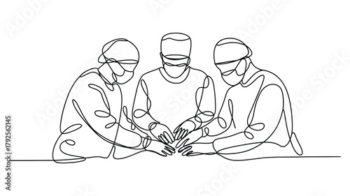 continuous line drawing of surgeons performing operation in sterile environment, representing teamwork, precision and healthcare professionalism