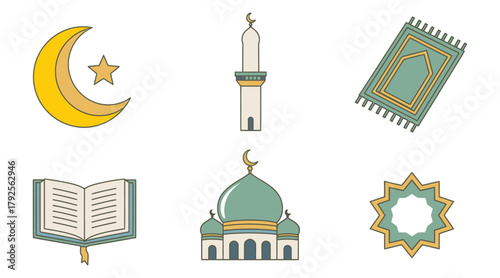set of islamic religious symbols flat design