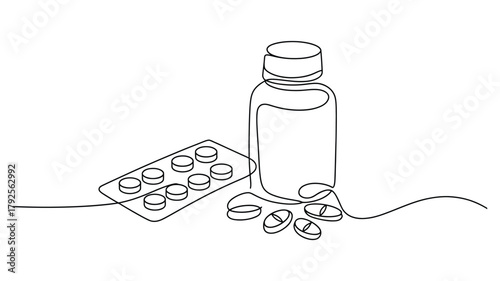continuous line drawing of medicine bottle, blister pack and scattered capsules representing healthcare, pharmacy and medical treatment