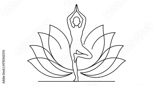 minimalist line drawing of person in tree yoga pose with lotus flower, symbolizing balance, spiritual growth, and inner tranquility
