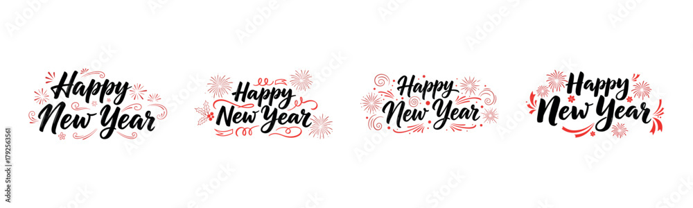 Naklejka premium Merry Christmas, Happy Holidays, Happy New Year festive greeting with red holly berries, snowflakes, and elegant script set on transparent background