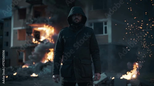 A slow-motion shot of a man standing in front of a burning building at night. Sparks drift around him as light flashes between shadows. Cinematic live-action, sharp contrast, muted color grade, Nolan 