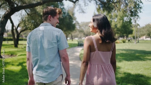 A handheld camera follows two friends laughing while walking through a sunlit park. Light leaks through the trees in soft pastel tones. Cinematic live-action, warm natural light, nostalgic film look.