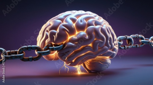 Wallpaper Mural Chains of Thought: A conceptual representation of the human brain, illuminated and enmeshed within metallic chains, symbolizing constraints and the potential for mental liberation. Torontodigital.ca