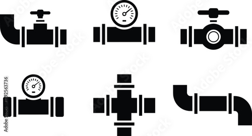 Black and White Plumbing Icons Set Featuring Valves, Gauges, Pipe Joints, Elbows, and Industrial Piping Elements for Technical Use