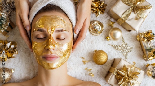 Beautician applying golden facial mask on beautiful woman to rejuvenate and nourish skin, with festive Christmas decorations nearby, showing skincare, beauty treatment, wellness, cosmetology concept