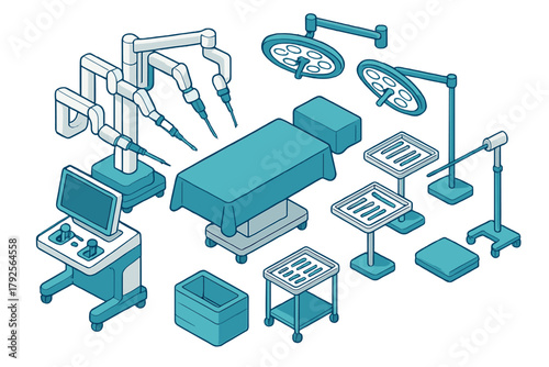 Advanced surgical equipment set with robotic arms operating table and medical lights