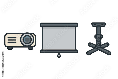 Set of presentation equipment including video projector, screen, and adjustable tripod