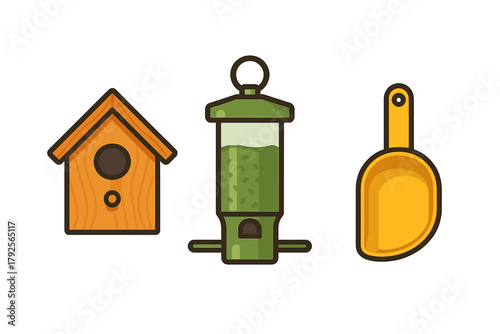 Wooden nesting box, seed dispenser, and feeding scoop for backyard bird care