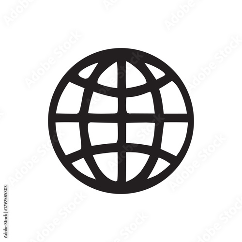 Simple dark gray globe icon representing global connection and the internet on a white background